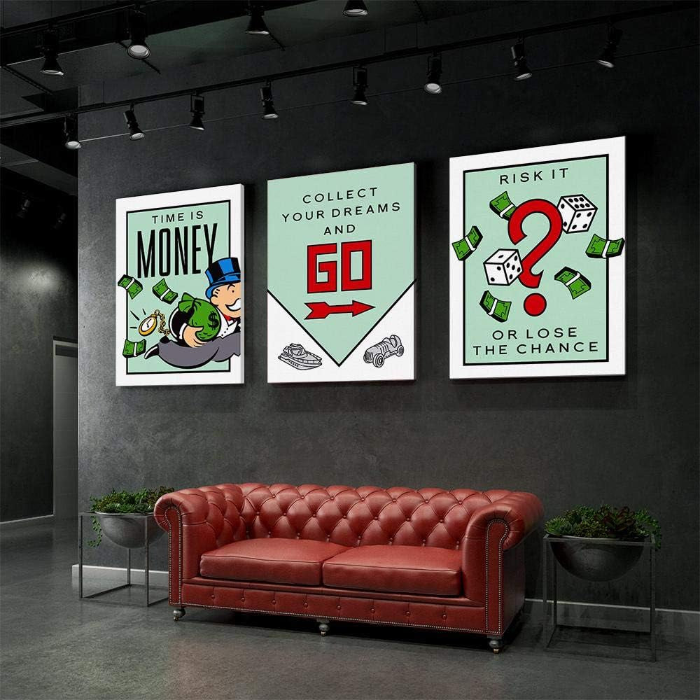 'Monopoly Set' Inspirational Canvas Wall Art | 3-Piece 24X18 Non-Framed High Resolution Mr. Monopoly Large Wall Art | Motivational Canvas Art Wall Decor