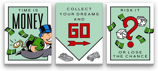 'Monopoly Set' Inspirational Canvas Wall Art | 3-Piece 24X18 Non-Framed High Resolution Mr. Monopoly Large Wall Art | Motivational Canvas Art Wall Decor