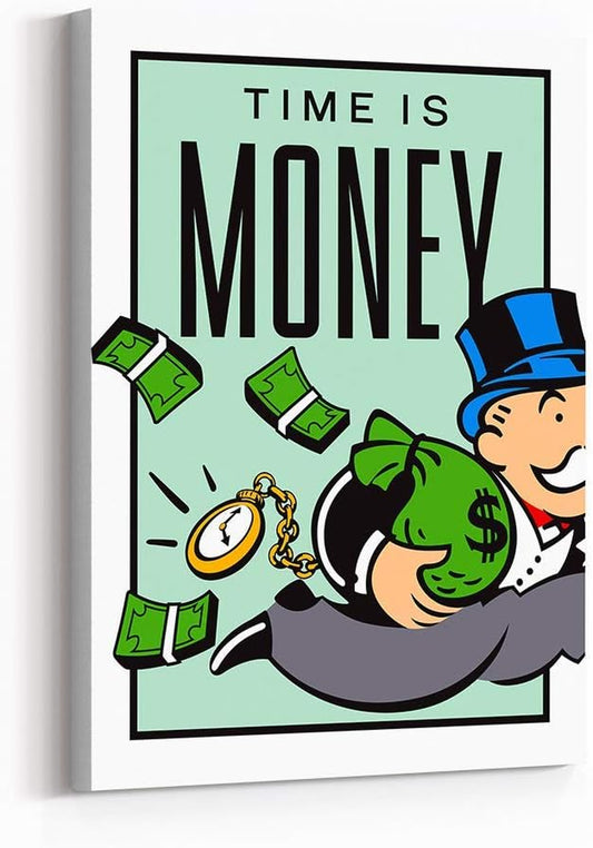 ‘Time Is Money’ Inspirational Wall Art | Monopoly Money Canvas Print | Motivational Décor for Bedroom, Living Room & Business Office | 24 X 18 Inches