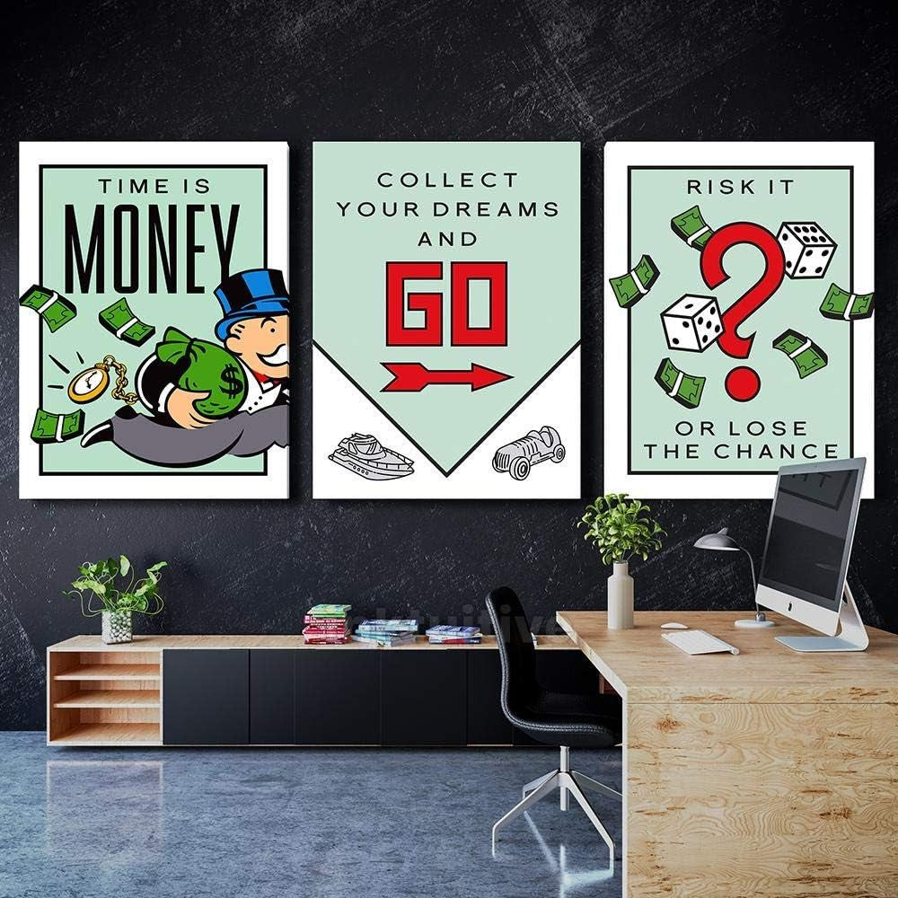 'Monopoly Set' Inspirational Canvas Wall Art | 3-Piece 24X18 Non-Framed High Resolution Mr. Monopoly Large Wall Art | Motivational Canvas Art Wall Decor